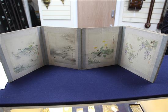 A Japanese concertina book of naturalistic paintings on silk, Meiji period, 25 x 24cm